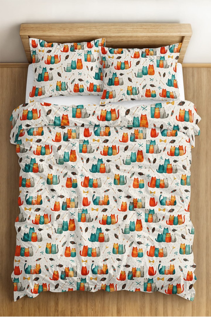 Pościel bawełniana w kolorowe kotki 160x200 cm uszyta w Polsce