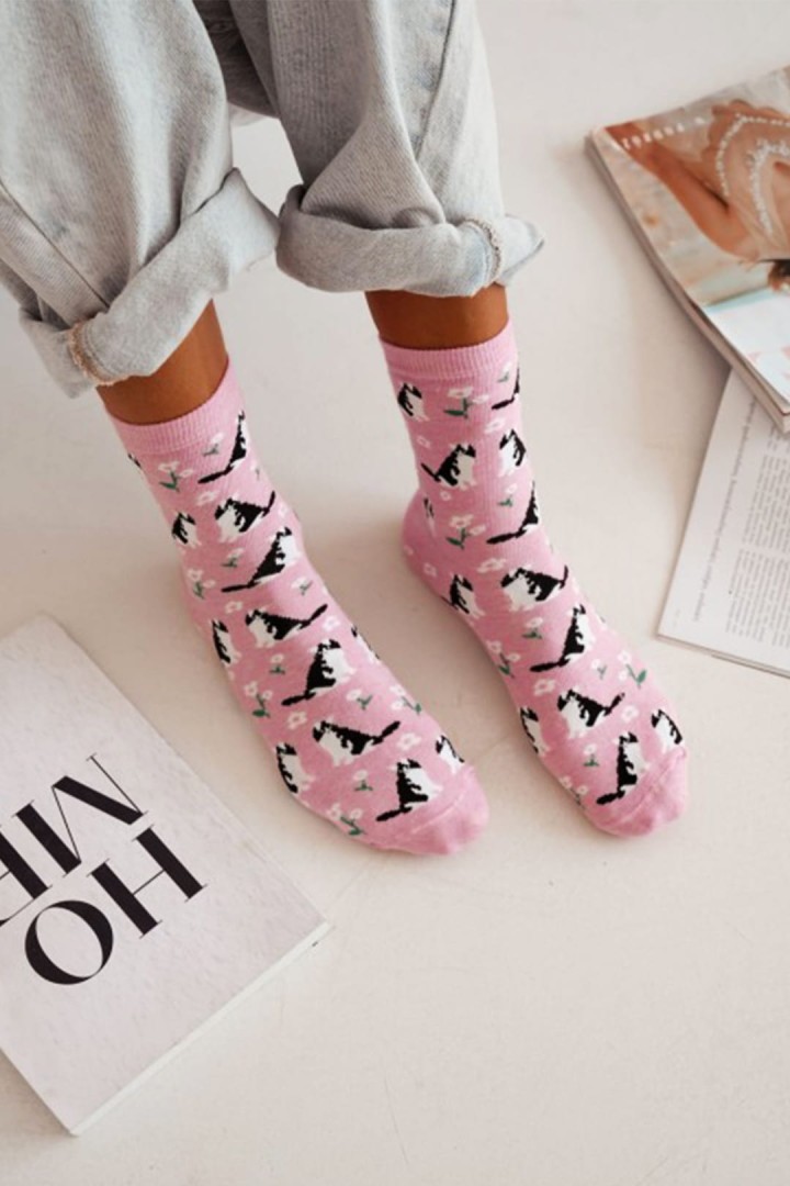 Skarpetki damskie w kotki i kwiatki prezent dla kociary rozmiar 37-41