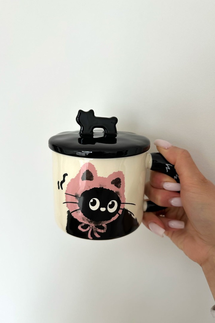 Kubek ceramiczny z pokrywką czarny kotek 