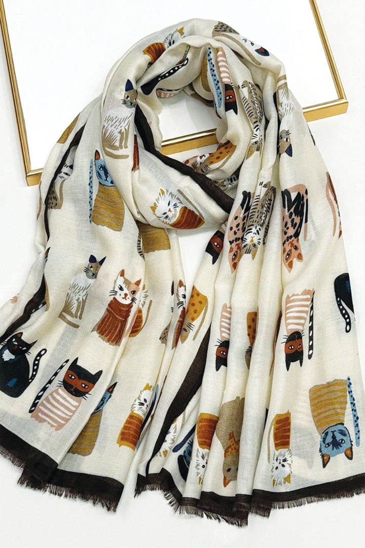 Beżowy szal w koty dla kociary - francuskie kotki