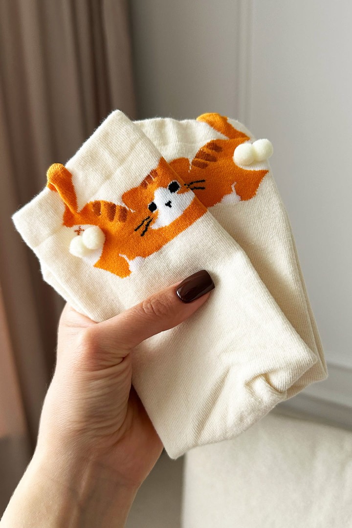 Skarpetki z kotem i jajkami 3D ecru prezent dla kociarzy