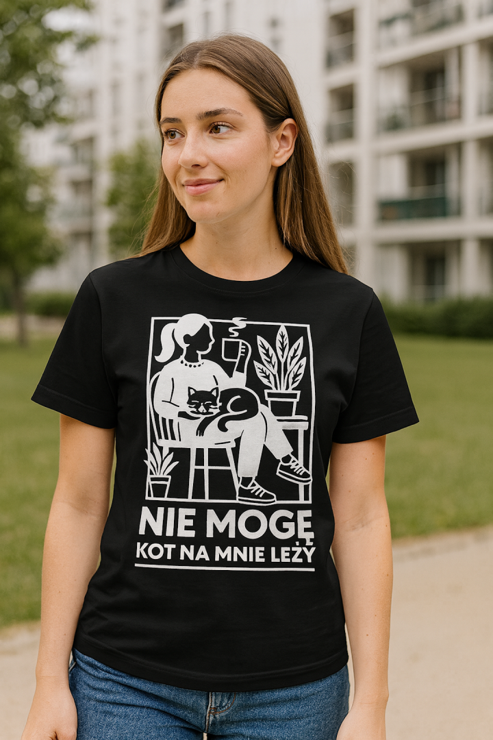 Koszulka kot leży na swojej Pani