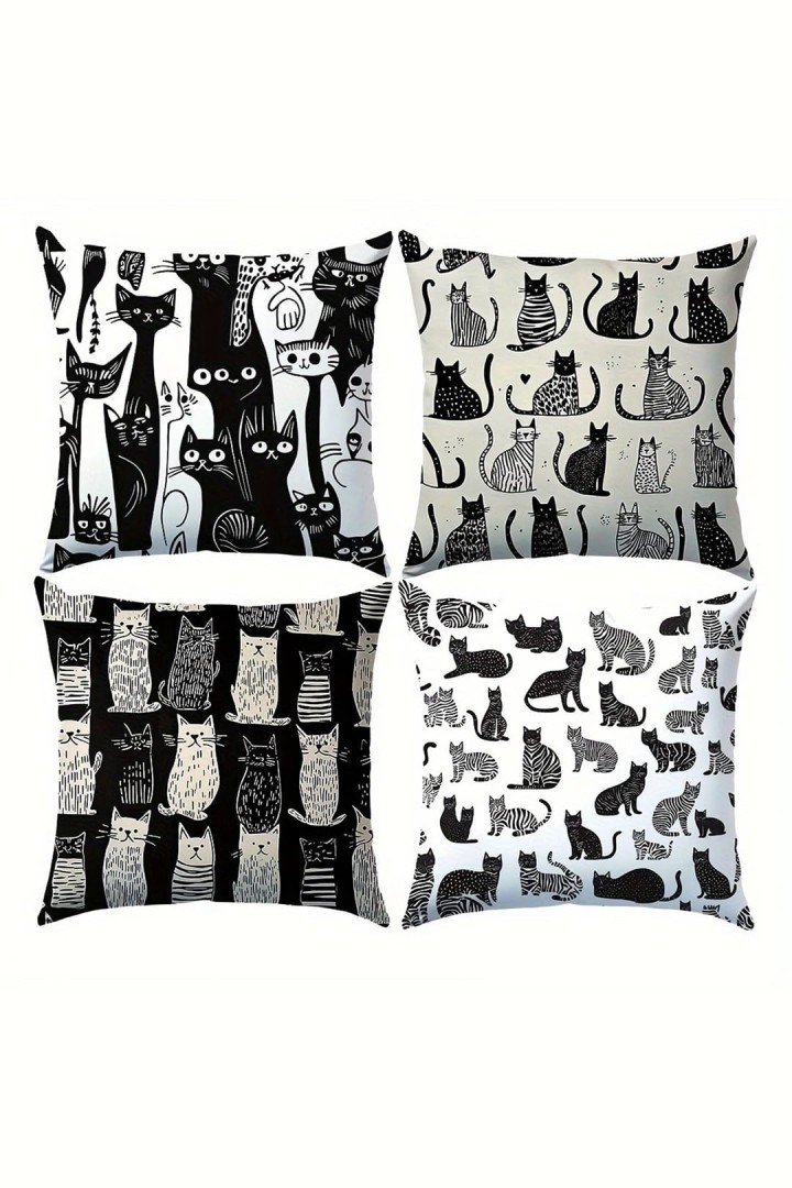 Biało-czarne poszewki na poduszki z motywem kotów 