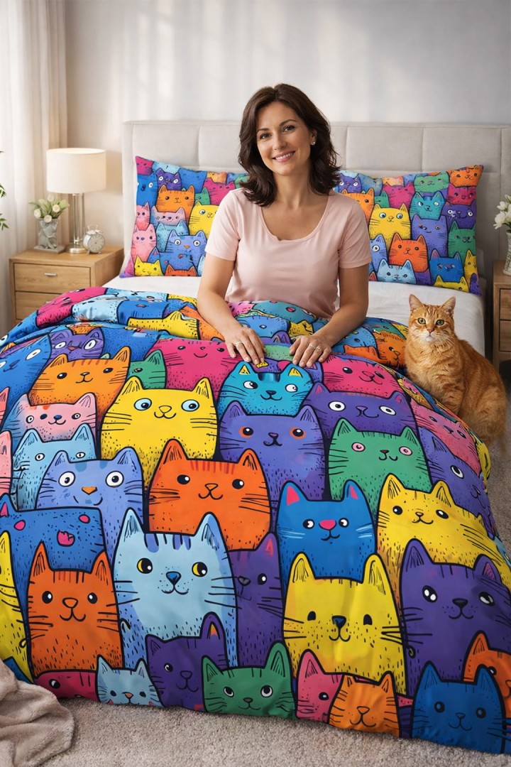 Pościel w koty kolorowe 160 x 200 + 2 poszewki kot