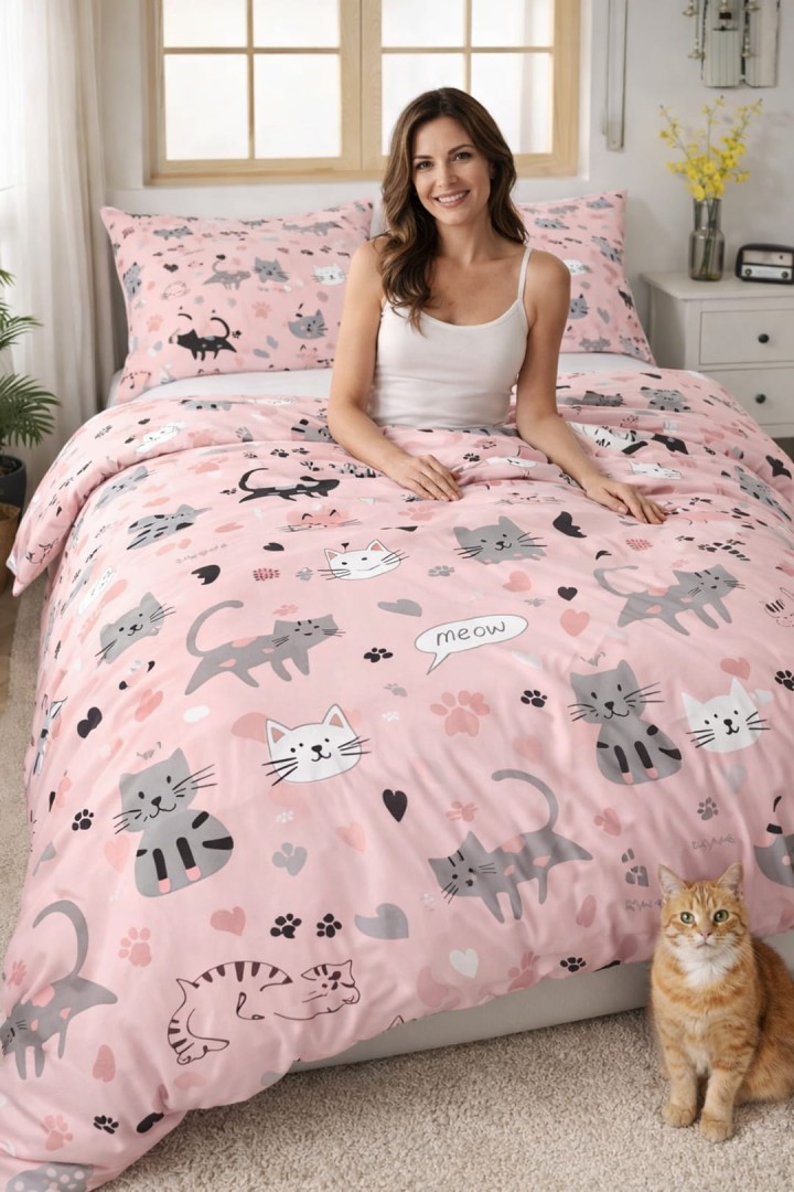 Komplet pościeli różowej w koty 160 x 200 cm + 2 poszewki