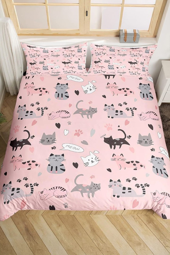 Komplet pościeli różowej w koty 220x200 cm + 2 poszewki