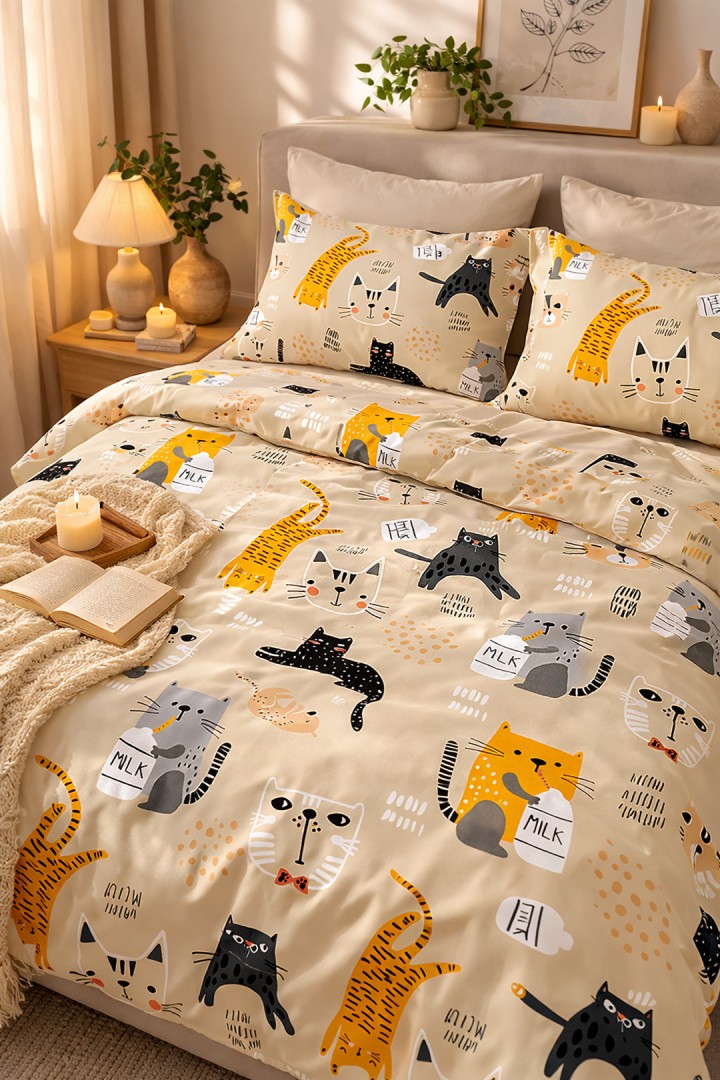 Pościel bawełniana w koty 140x200 cm + 2 poszewki uszyta w Polsce