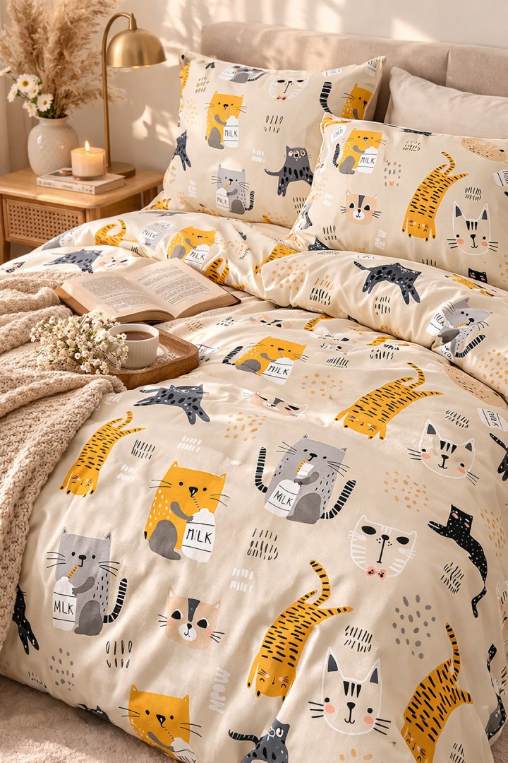 Komplet pościeli bawełnianej w koty 160x200cm