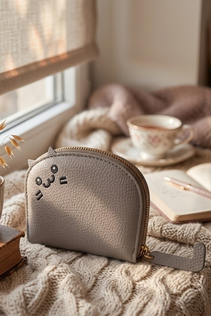 Portfelik na karty z haftowanym kotkiem