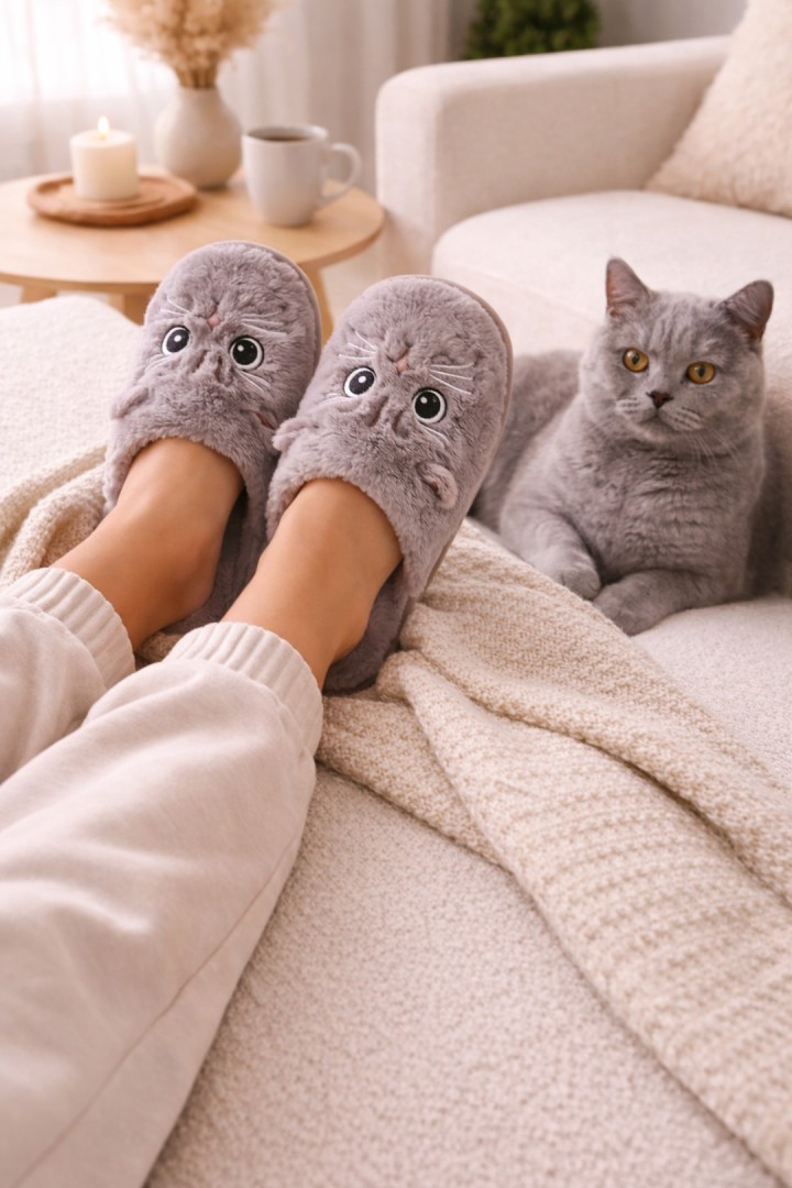 Szare kapcie z motywem kota dla kociary