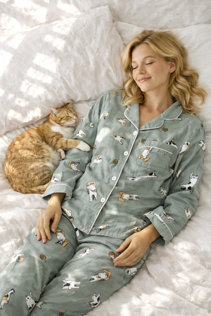 Piżama w koty z długim rękawem zielona