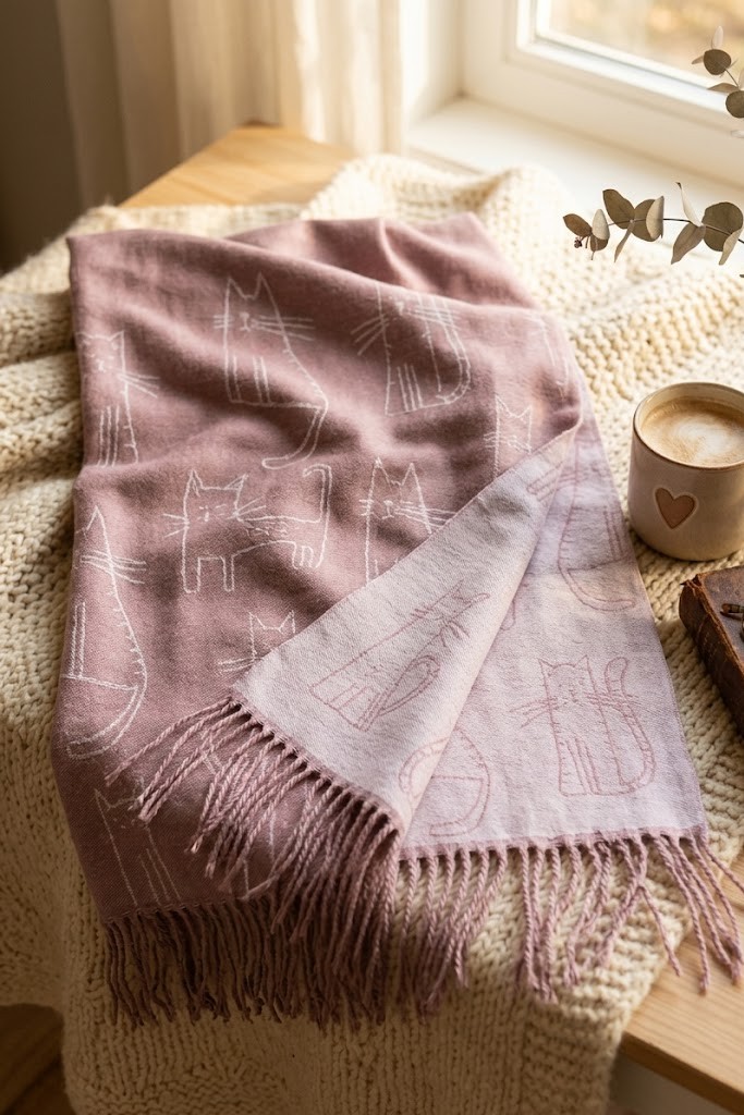 Szal dwustronny w koty - różowy