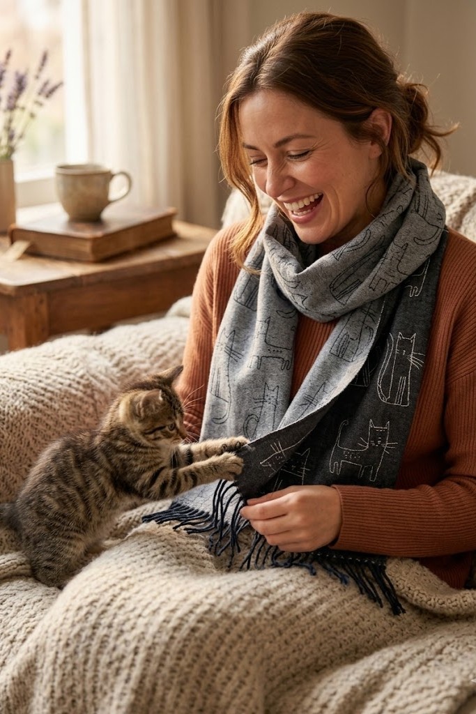 Szal dwustronny w koty - granatowy