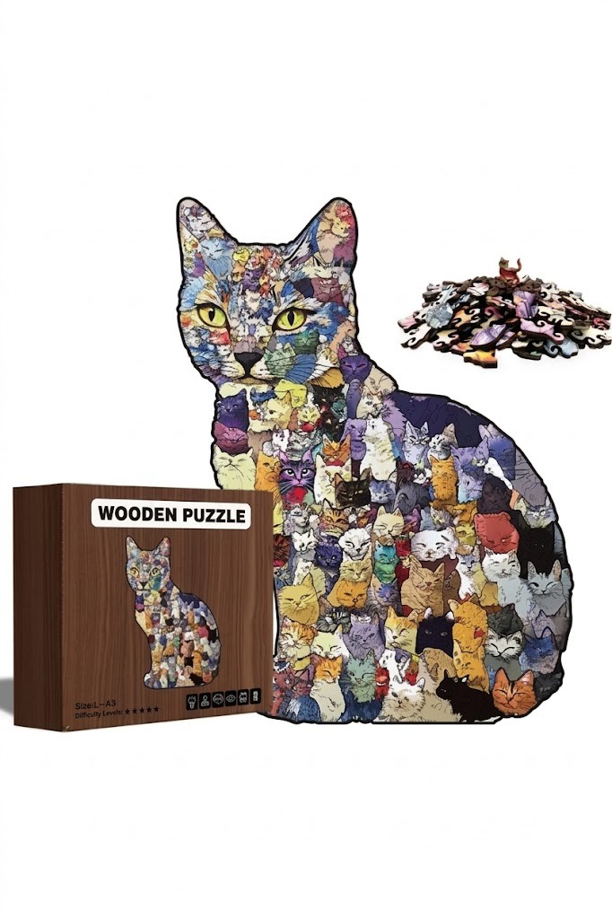 Drewniane, brązowe puzzle w kształcie kota - układanka puzzle