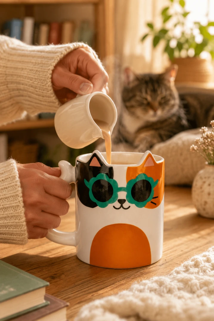 Ceramiczny biały kubek z kotem w okularach 350 ml