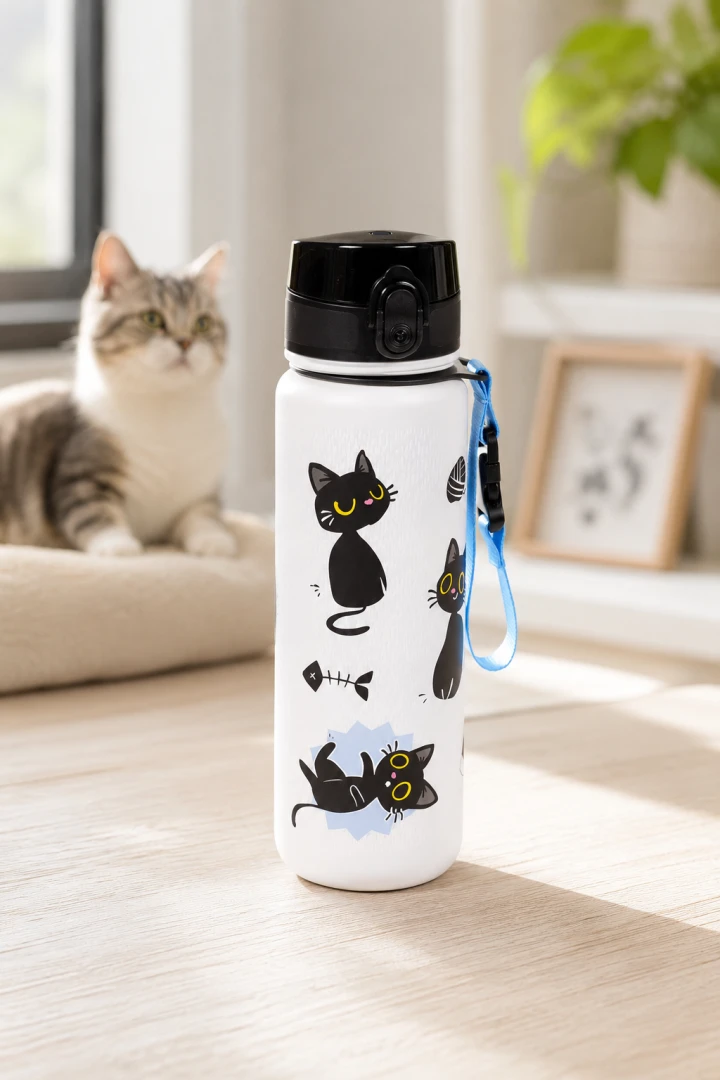 Butelka z kotem czarny kotek lucky 600 ml
