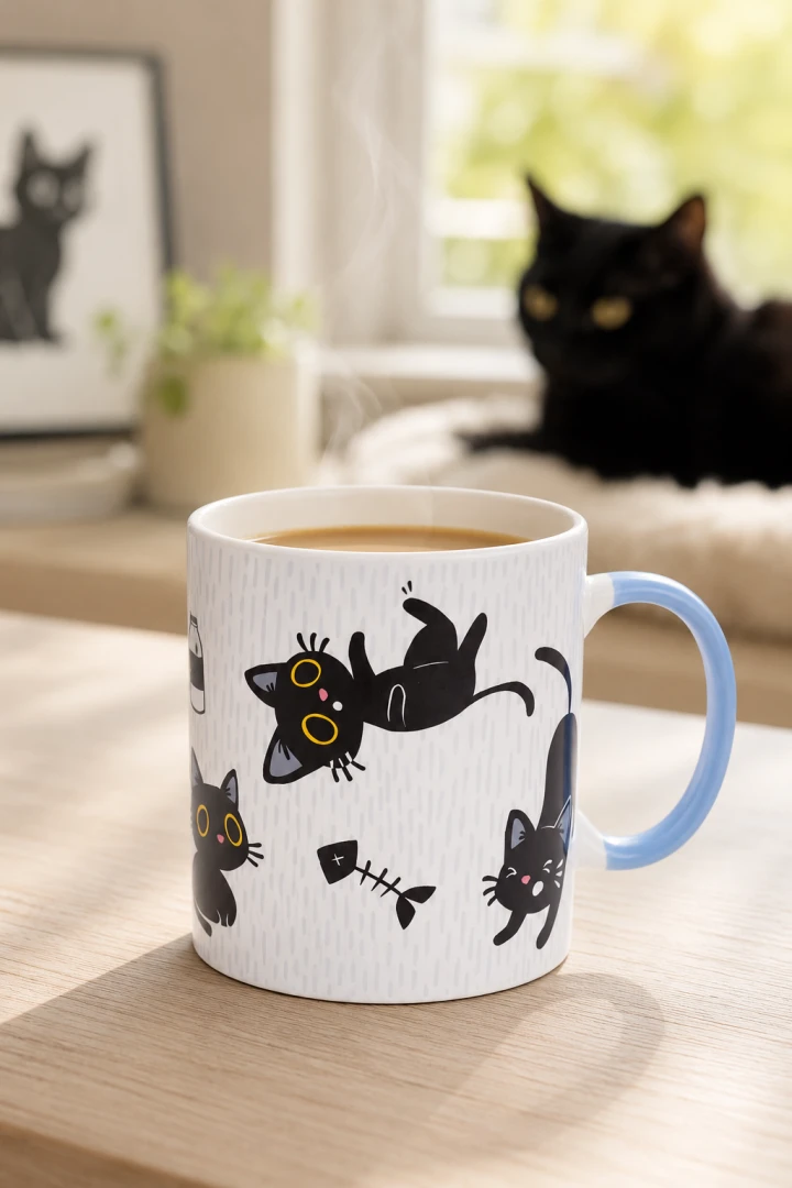 Porcelanowy kubek z kotem lucky black 300 ml