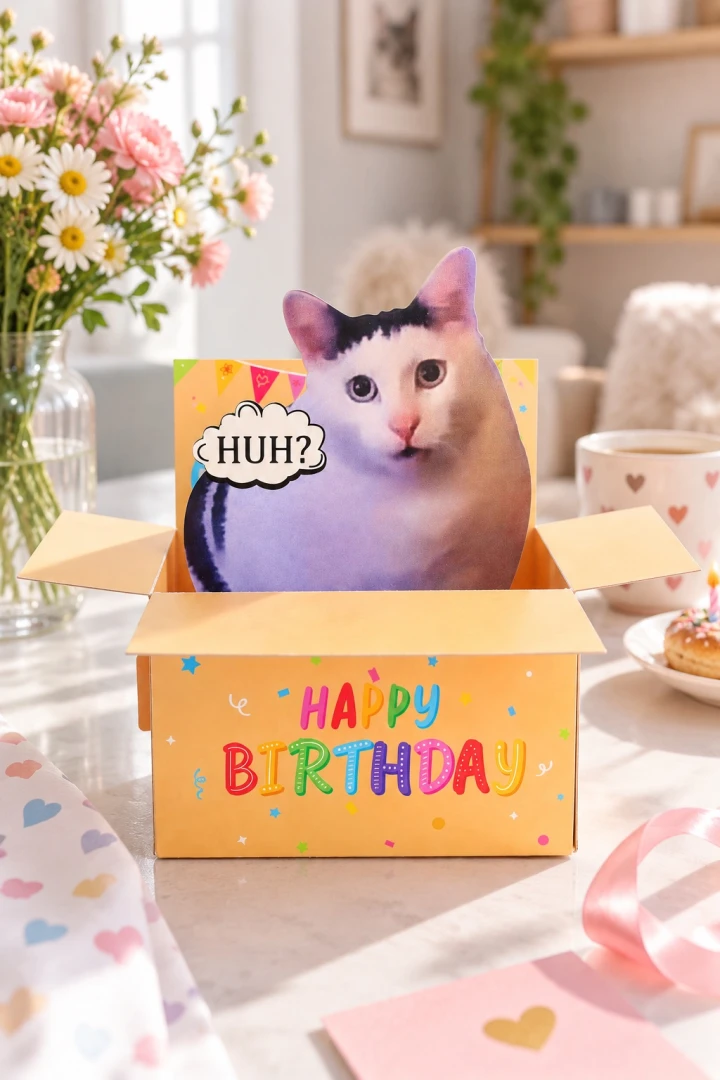 Śmieszna kartka urodzinowa 3D POP-UP kot w szoku