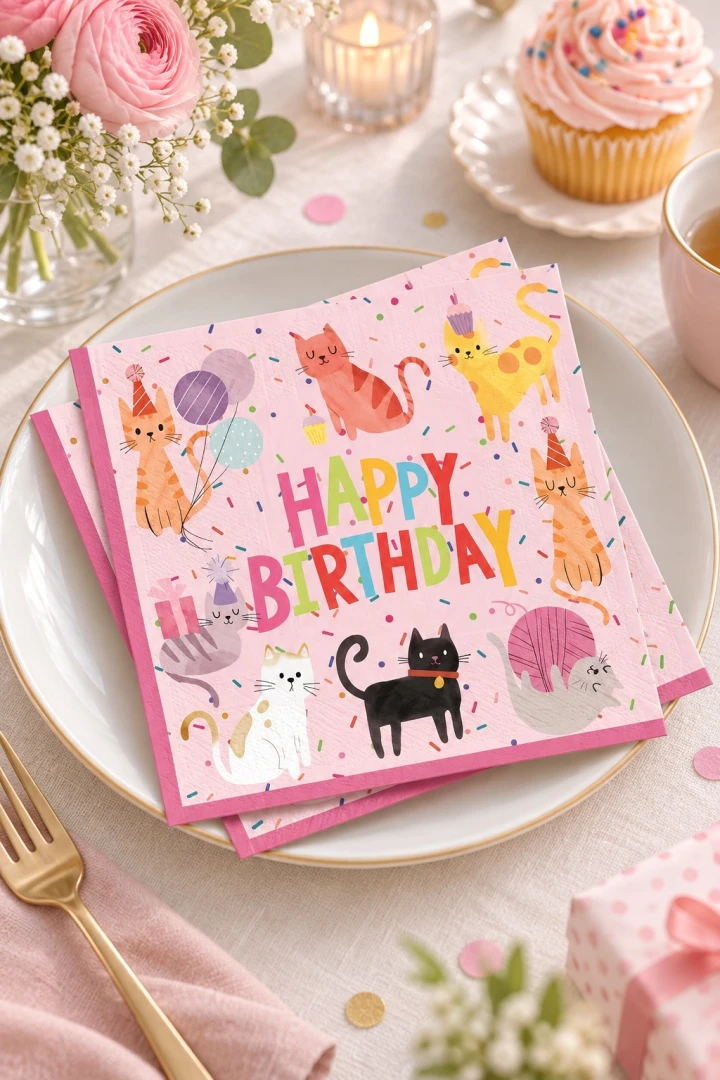 10x Różowe serwetki urodzinowe z kotami Happy Birthday 