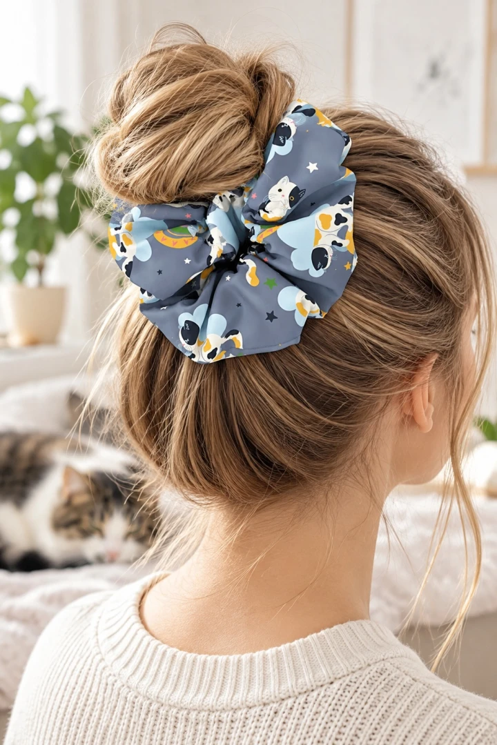 Gumka szara do włosów scrunchie w koty