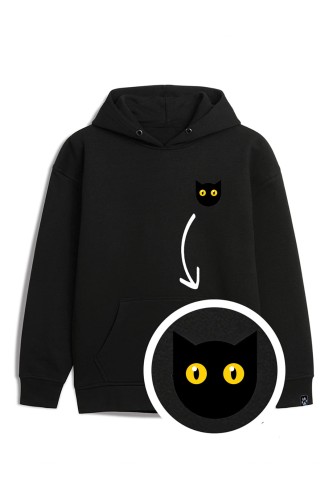 Bluza z kapturem haftowany czarny kot